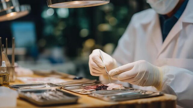 A dental assistant snapping into sterile gloves before organizing sterilized instruments on a tray, overhead lamp casting a focused beam over the workspace &mdash; dental hygiene, procedural preparation,