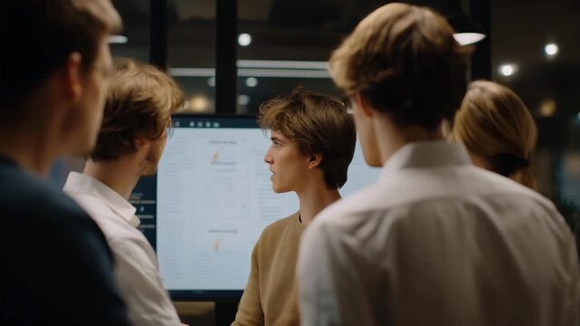 A development team gathered around a large digital whiteboard filled with flowcharts and logic diagrams, collaborating to solve a complex bug affecting system performance &mdash; teamwork, agile