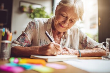 Senior Woman Writing in Journal at Bright Cozy Home Setting.