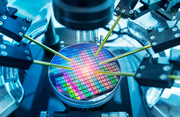 silicon wafer with needles for test of semiconductor on the probe station,examining a sample of microchip transistor