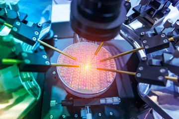 silicon wafer with needles for test of semiconductor on the probe station,examining a sample of microchip transistor