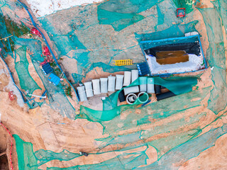Aerial view of Concrete drainage pipes for industrial building construction.