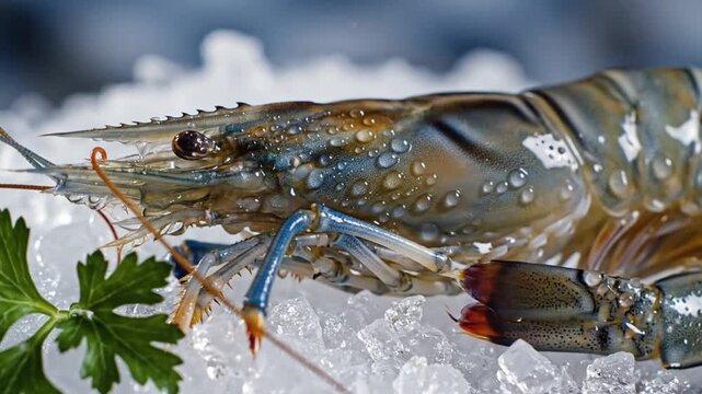 A large shrimp on ice with parsley, ready for cooking in a restaurant kitchen video