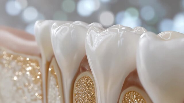 A 3D digital rendering of tooth enamel layers, from translucent outer coating to underlying dentin, with labels and glowing highlights &mdash; dental anatomy visualization, educational science graphic,