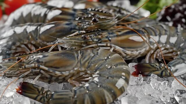 A video showcasing a plate of fresh lobsters on ice in a seafood restaurant