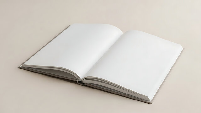 Open white book with blank pages on a beige background, empty notebook or journal for writing and drawing, education and creative concept mockup for publication design.
