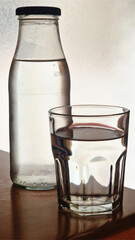 Clear water in glass bottle and drinking glass on wood