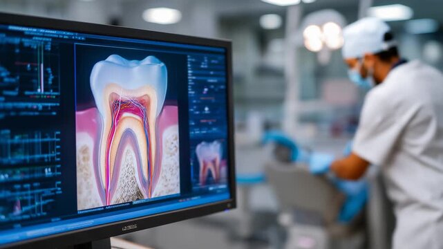 A digital 3D tooth reconstruction displayed in vibrant colors on a dentist&rsquo;s computer screen, highlighting root canals, enamel layers, and nerve pathways &mdash; advanced dental imaging, tooth anatomy
