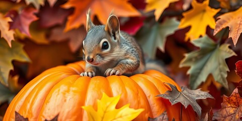 A tiny squirrel peeking from a pumpkin, surrounded by colorful autumn leaves, nature, forest