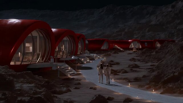 A Mars habitat concept featuring interlinked red-domed capsules, astronauts walking along illuminated paths between modules &mdash; planetary exploration, off-world architecture, and futuristic space