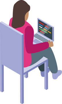Programmer woman coding using laptop sitting on chair, isometric view