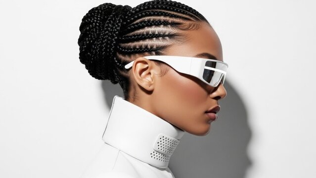 Futuristic woman with braided hair in bun and glasses