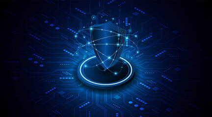 Abstract technology circuit board background with shield symbols concept of data protection and cyber privacy. modern security technology innovation concept background