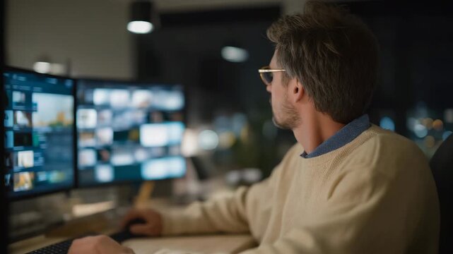 A remote team supervisor holding a video call from a minimalist home office, multiple screens displaying performance dashboards and team faces &mdash; hybrid work leadership, digital management, and