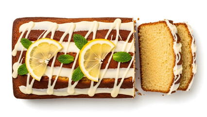 Lemon pound cake with white icing and slices on top and a slice cut out