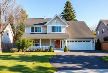 Standard residential building with a pitched roof, front yard, and driveway, representing everyday living and comfortable housing,  domestic,  door
