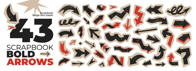 Vintage crayon drawn arrows scrapbook collage element collection. Hand drawn black school arrow set with beige craft tear paper. Journal collage direction symbols for notes, journaling, diagrams.