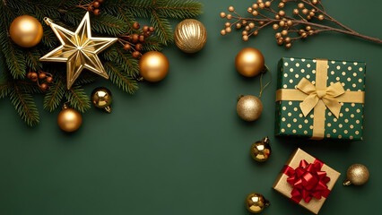 Christmas gifts and decorations on a green background with gold accents and ribbons