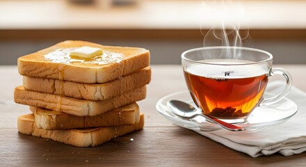 A delightful morning still life featuring a stack of buttered toast drizzled with honey beside steaming hot tea in a clear glass cup.