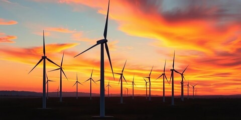 Obraz premium Wind turbines spin against a vibrant sunset, symbolizing clean power generation, environment, sunset