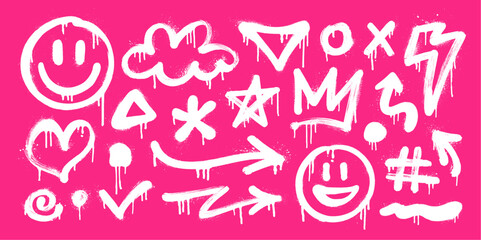 Bold spray paint white graffiti elements on pink background. Funky street art and urban style vandal and graphic elements. Smiling face, heart, crown and cloud stickers with drips and splatters.
