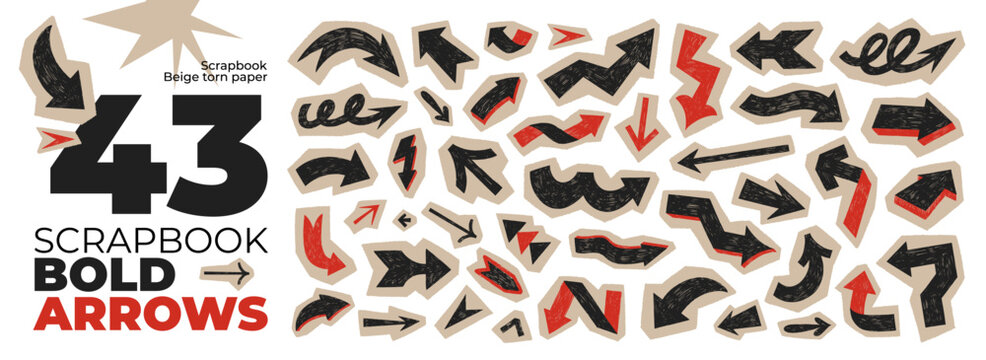 Vintage crayon drawn arrows scrapbook collage element collection. Hand drawn black school arrow set with beige craft tear paper. Journal collage direction symbols for notes, journaling, diagrams.