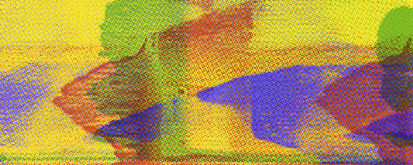 Yellow purple rise print texture background with linocut grunge overlay. Screen analog filter print effect with halftone. Hand drawn television glitch effect. Punk urban street art riso background.