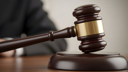 A close up view of a judge's gavel on a desk in a courtroom setting with a blurred background