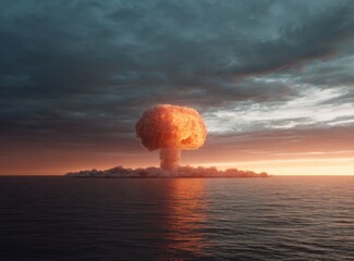Dramatic mushroom cloud over ocean at sunset with dark clouds in sky