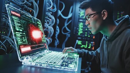 A man working on a laptop with a virus graphic on the screen in a dark room with code and servers in the background video - Powered by Adobe