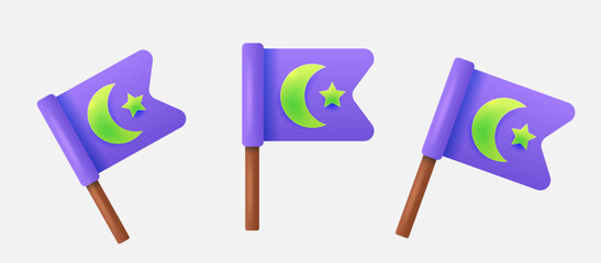 Cute 3D Purple flags with Islamic crescent. Vector celebration elements set