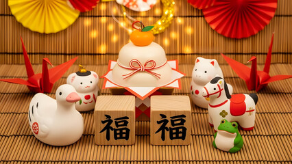Chinese new year decorations with figurines and symbolic blocks on a bamboo mat background