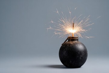 Lit fuse on round black bomb against plain background