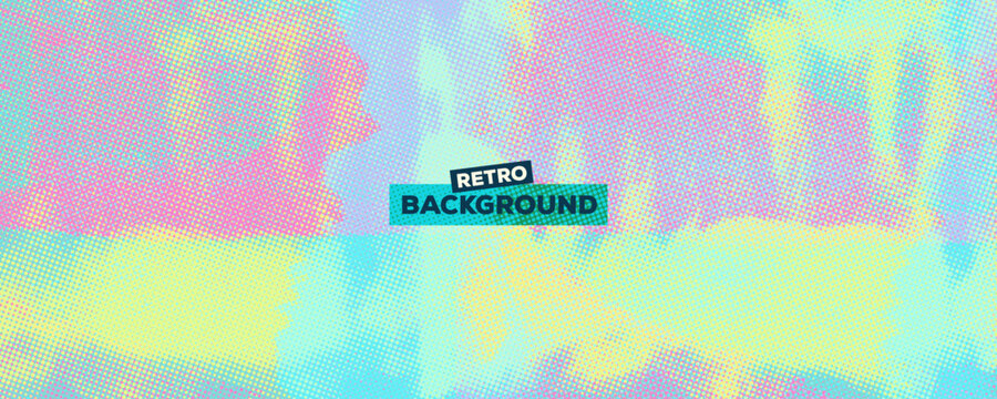 Holographic risograph texture banner background with text template. Linocut roller print with foil effect. Unicorn colored riso texture background with mixmedia and retro printmaking.