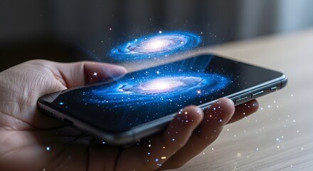 Person holding a smartphone displaying a holographic projection of a vibrant blue spiral galaxy floating above the screen surface