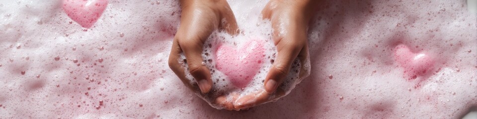 Fototapeta premium Hands holding heart-shaped soap in pink foam bath
