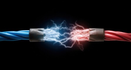 Sparks flying from red and blue wires with electric energy on black background