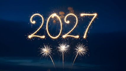 Sparkling fireworks display forming 2027 against a dark night sky