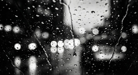 Abstract black and white rain drops on glass window with blurred city lights bokeh background.