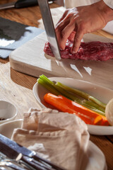 Preparing "piemontese" beef for cooking