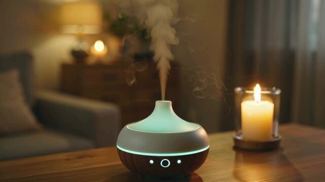 Electric Aroma Diffuser With Steam and Candle Creating Relaxing Atmosphere at Home