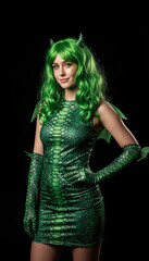 A young Caucasian woman with long green hair wears a green costume with scales and matching gloves. The background is black, emphasizing the Halloween theme.