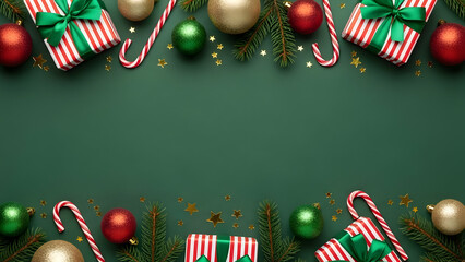 Festive christmas background with candy canes and ornaments on green