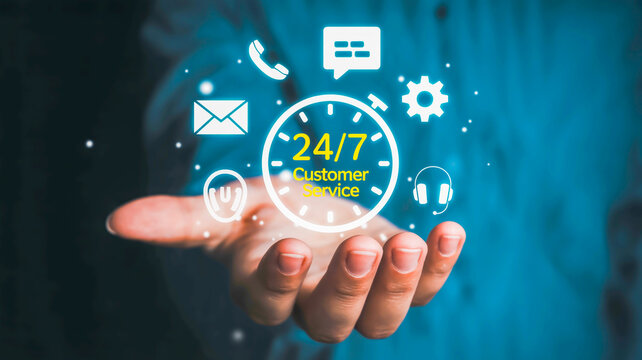 Hand holding 24/7 customer service icon with communication symbols support help - Powered by Adobe