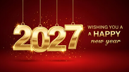 Golden 2027 new year's greeting with shiny hanging numbers and festive background