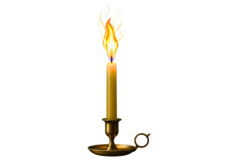 A lit candle on a brass holder isolated on transparent background