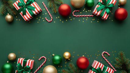 Festive christmas background with candy canes and ornaments on green
