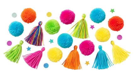 Vibrant pom poms and tassels scattered with glitter confetti and stars