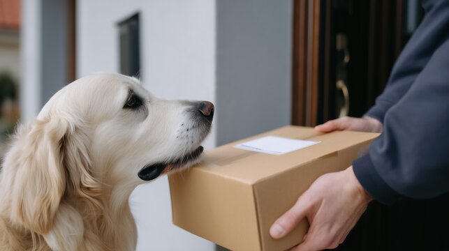Golden retriever dog curiously sniffing a cardboard delivery package being handed by a courier at the doorstep, representing pet care, online shopping, and home delivery service