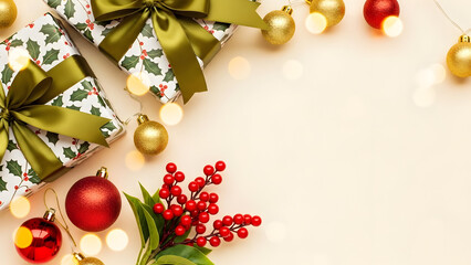 Christmas gift and ornaments on white background with green ribbon and red berries